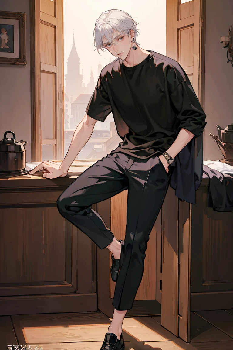 (masterpiece), best quality, seductive eyes, perfect face, handsome man, brown eyes, long white hair, long nose, tan skin, plain black t-shirt, black fitted pants, full body, tall man, long legs, anime cover, 1boy, ear piercings, hands in pockets, adult-like look

