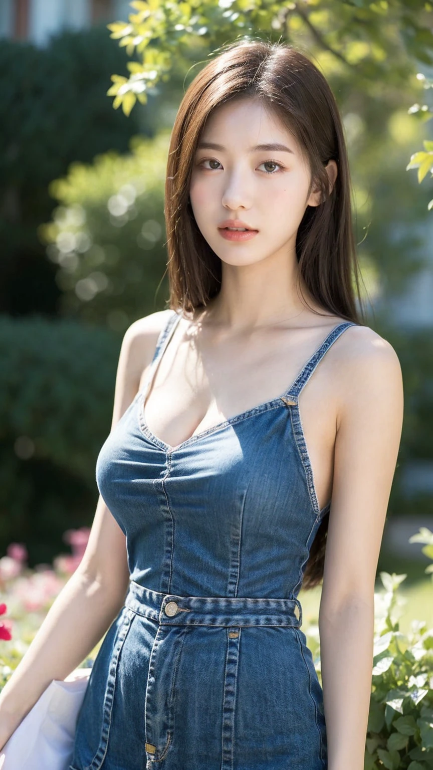 ((Best quality, 8K, masterpiece:1.3))，1girl，18 years old，Asian，Real texture:1.3，(Background blur:1.3)，Dress Up，Tall and slender figure:1.2，(Hot summer weather)，（garden:1.3），Highly detailed face and skin textures，Exquisite eyes，Long eyelashes，Double eyelids，Skin Whitening，happy，Big breasts