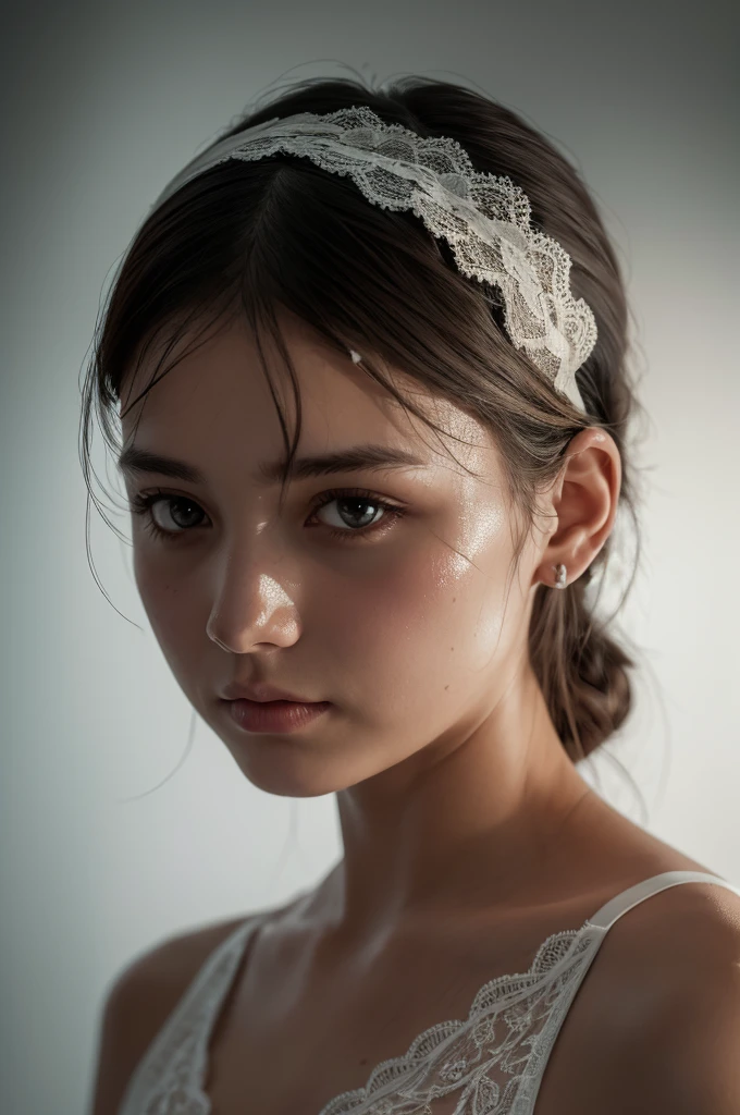 Wearing split (lace headband:1.2), (realism:1.5), Original photo, Soaking wet, Sweaty, Bare shoulders, In the Dark, Deep Shadow, Low Key, Cold Light