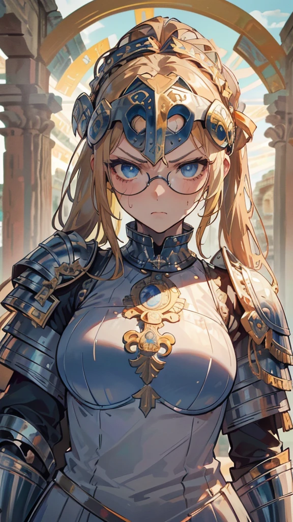 Best quality, Ultra detailed, best quality, insanely detailed, beautiful, masterpiece, 8k, 
break  
Ancient roman,
break 
1girl, blonde hair, (slicked back hair:1.2), forehead, long hair, high ponytail, (blue eye glasses:1.2),  tareme , blue eyes, ultra detailed eyes, (ancient roman armor:1.5), (ancient roman helmet:1.5), pale skin , strong facial expression,(sharp eye:1.2),(scowl:1.1), (stare at viewer with stern eyes:1.5), ,nsfw,(ecstasy:1.3) ,(slut:1.2),(vulgarity:1.3),(fucked silly:1.1),(steam:1.1),(wet:0.8),(trembling:0.8),(tears:0.7) ,(drooling:0.6),(sweat:0.8),sword, ancient roman shield,