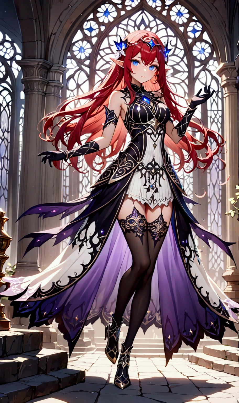 red hair girl, (masterpiece:1.2), (best quality:1.2), (very aesthetic:1.2), (absurdres:1.2), newest, anime style, ai-generated, seductive smile, long hair, straight hair, HairDetailer, (sleeveless sweater black and white full body ethereal mage dress armor with black gloves:1.3)), (((Beautifully decorated costumes that are intricate and delicate.:1.4))), (mini skirt), (White accessories:1.3), (hair ornament:1.3), ((perfect curves)), (puffy breasts), (shiny skin, skinny, slender body:1.4), (glows deep sapphire blue eyes:1.2), (gradient eyes:1.2), (symmetrical eyes:1.2), (big highlight on eyes:1.3), strong eyeliner and eyelashes, BeautifulEye, black leggings under shorts, slim waist, navel, dynamic angle, stylish pose, GoodHands, (monster girl), delicate, pure, mystical, intricate, surreal,  elf, Cute, Adorable, intricate, Add Detail, 