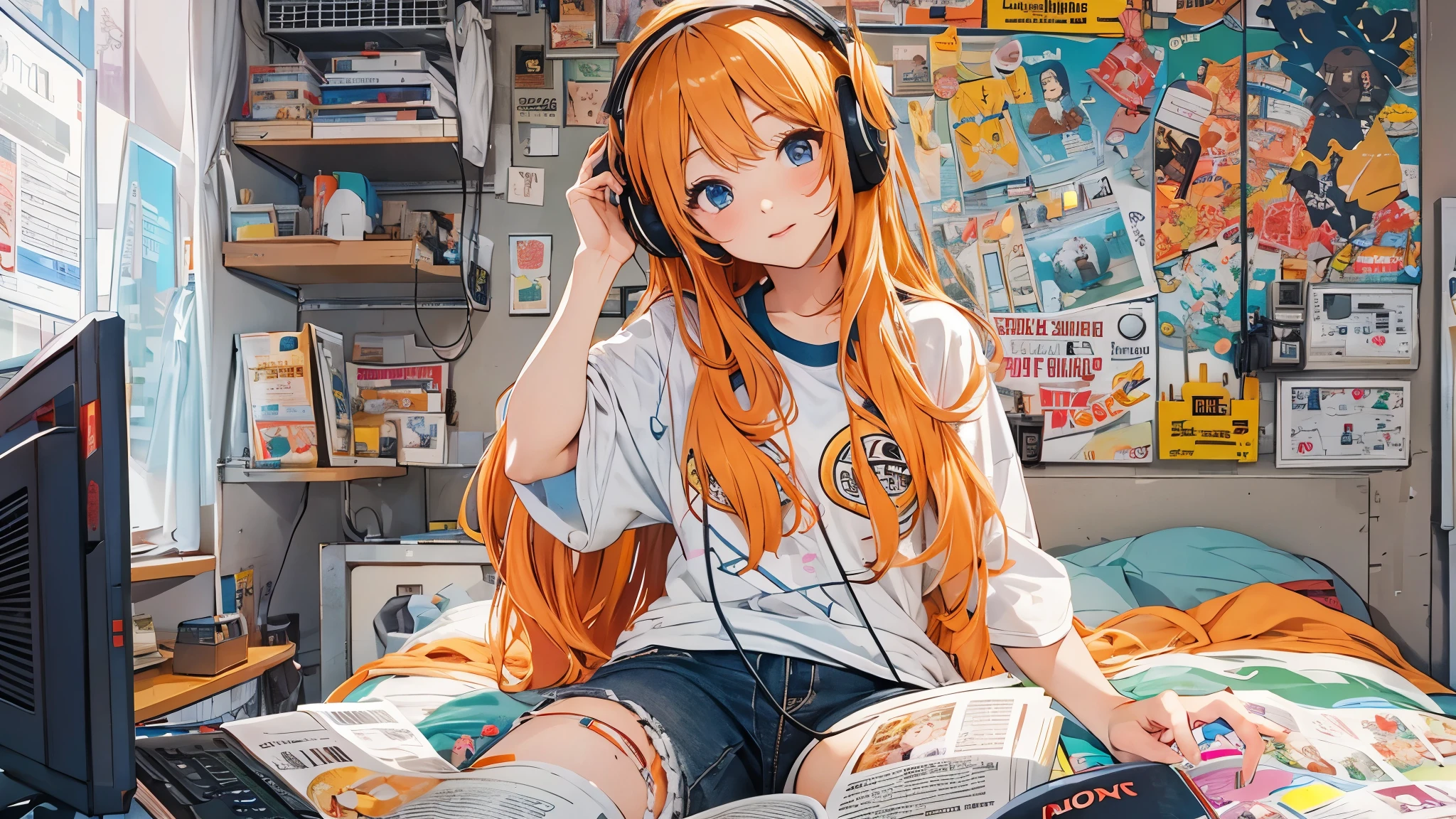 high resolution、One Girl、Wearing headphones、Logo T-shirt and hot pants、In the girl's room、Studying on a computer、Large monitor、Vibrant colors、Vivid Color、Warm shades、Full body images、Orange long hair、