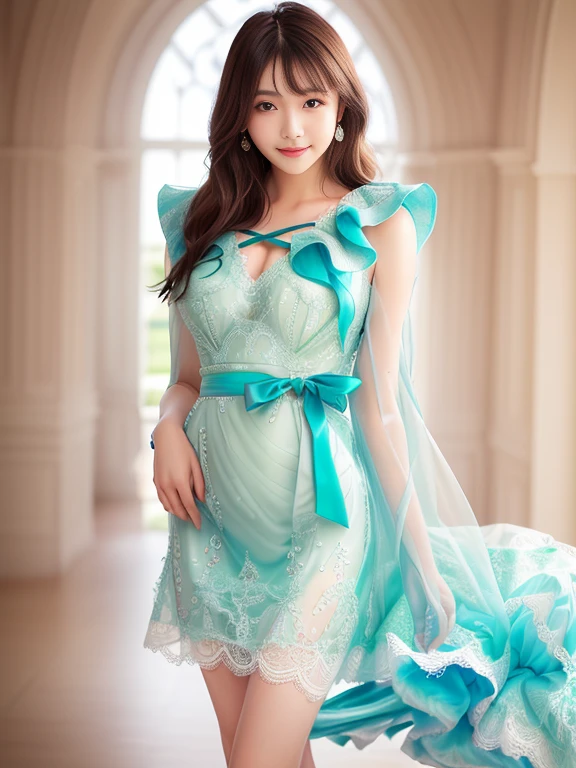 Photo-realistic quality、A woman wearing a dress with ribbons is standing, light Green Dress, Rococo frill dress, Pastel Green, Translucent dress, Grape dress, Elegant Dresses, Fantasy Dress, glamorous ruffled dresses, Green Dress, Stylish dresses, Lace dress, romantic dress, transparent gray dress, Lace dress、Detailed and beautiful eyes、Cute smile、A soft and gentle look、looking at the camera、Emphasize cleavage