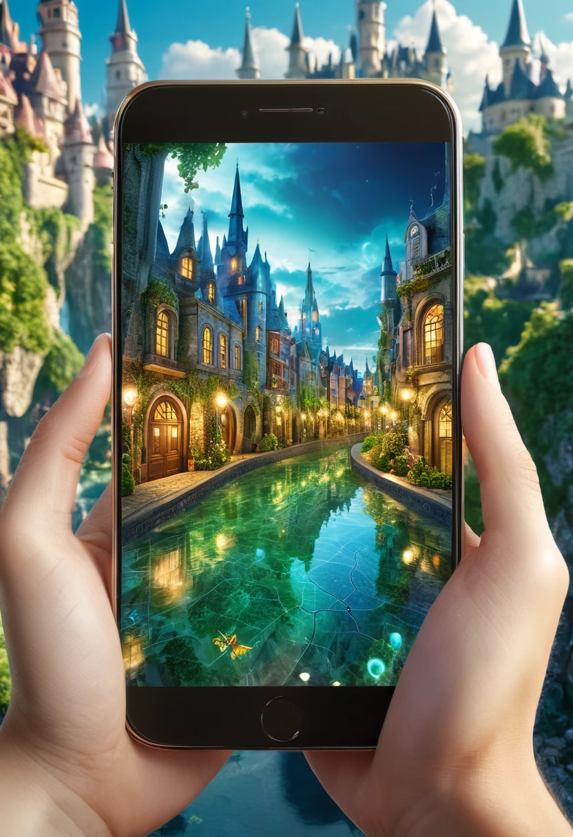 It's very realistic, with a smartphone in your hand and a (map) displayed on the smartphone screen, There is a part of a magical city that looks like a fairy tale in the depths of the image, outdoor