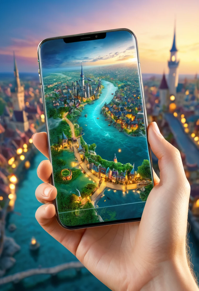 It's very realistic, with a smartphone in your hand and a (map) displayed on the smartphone screen, There is a part of a magical city that looks like a fairy tale in the depths of the image, outdoor