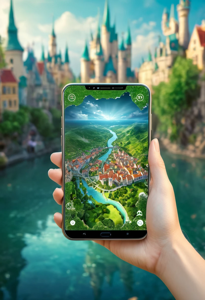 It's very realistic, with a smartphone in your hand and a (map) displayed on the smartphone screen, There is a part of a magical city that looks like a fairy tale in the depths of the image, outdoor