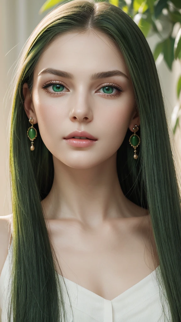 Portrait of a woman, European, extremely detailed face, gentle and friendly facial features, delicate features, very white skin, thin and slightly curved eyebrows, very long hair, straight, flowing hairstyle , green hair, seductive dull eyes, seductive gaze, earrings, green eyes, gentle red lips, frontal, facing the viewer, gentle and pleasant expression