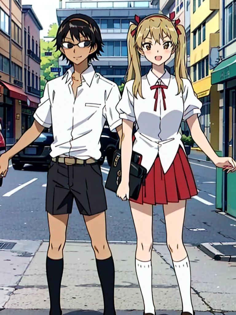 1 boy and 1 girl stand in the street,twintails,sawachika eri, brown eyes, hair ribbon,harimakenji, glasses, ,school uniform, red pleated skirt,eri,hairband, looking_at_viewer, serious, gakuran, white_shirt,smile,happy,two persons