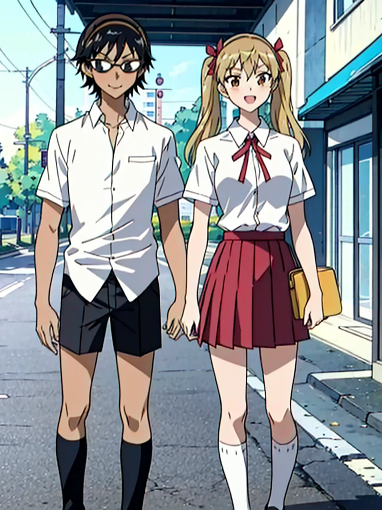 1 boy and 1 girl stand in the street,twintails,sawachika eri, brown eyes, hair ribbon,harimakenji, glasses, ,school uniform, red pleated skirt,eri,hairband, looking_at_viewer, serious, gakuran, white_shirt,smile,happy,two persons