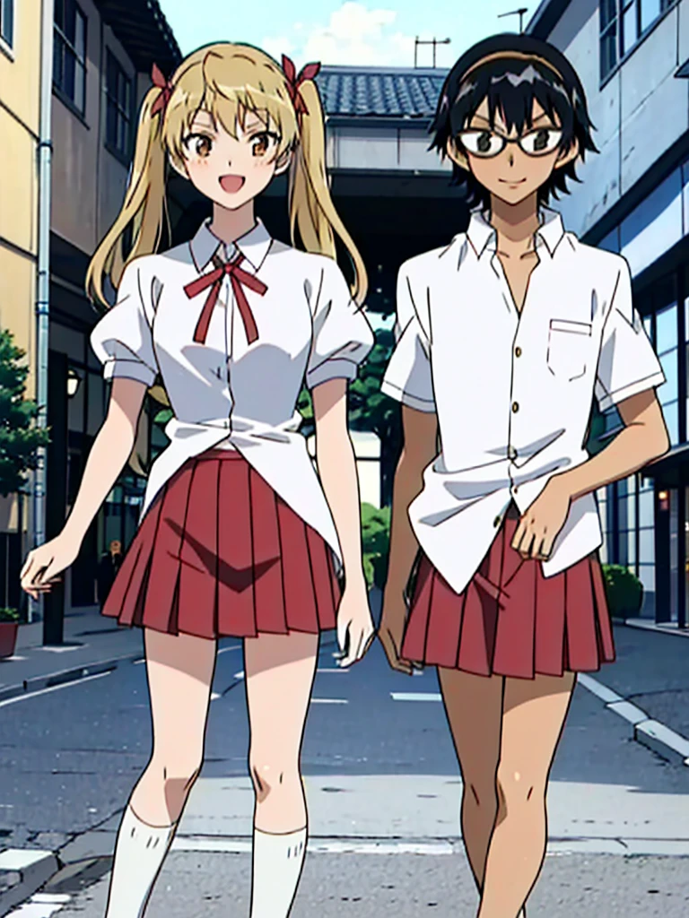 1 boy and 1 girl stand in the street,twintails,sawachika eri, brown eyes, hair ribbon,harimakenji, glasses, ,school uniform, red pleated skirt,eri,hairband, looking_at_viewer, serious, gakuran, white_shirt,smile,happy,two persons