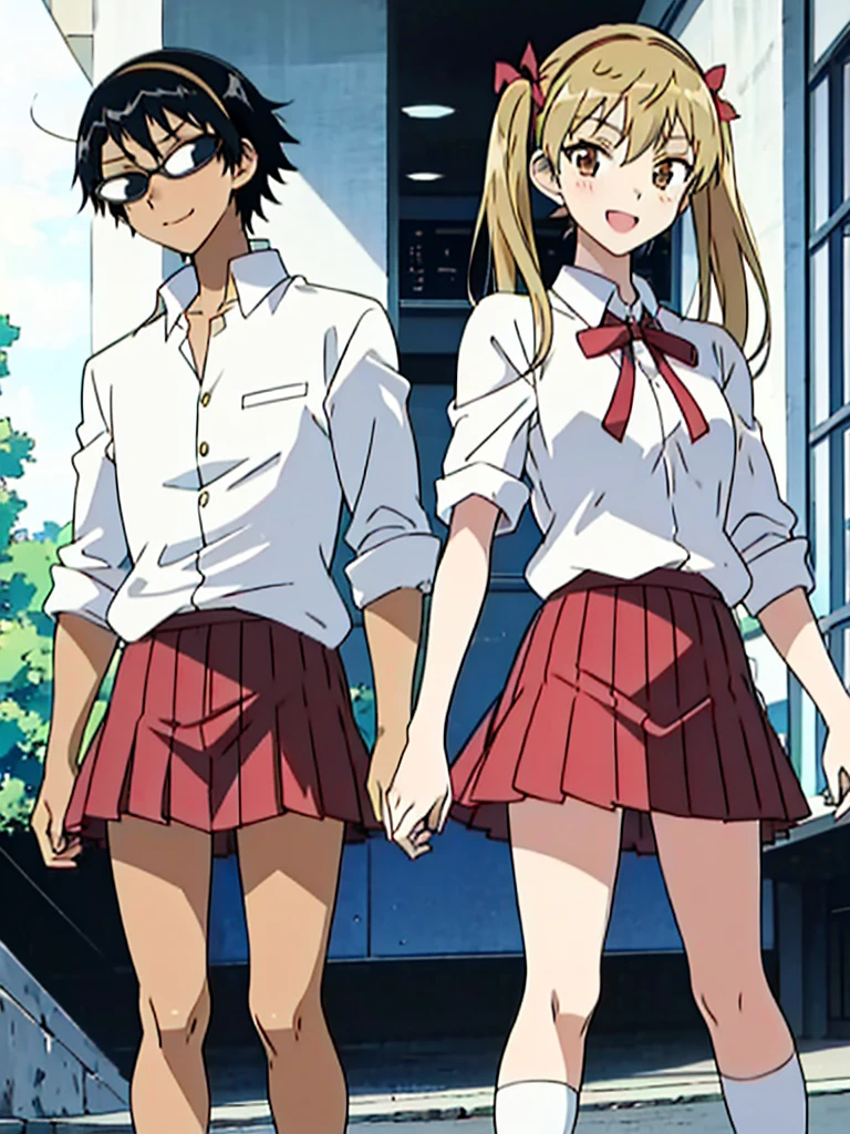 1 boy and 1 girl stand in the street,twintails,sawachika eri, brown eyes, hair ribbon,harimakenji, glasses, ,school uniform, red pleated skirt,eri,hairband, looking_at_viewer, serious, gakuran, white_shirt,smile,happy,two persons