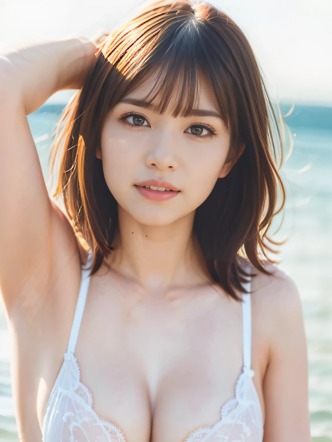 1girl, 25 years old woman, medium breasts, cute face, beautiful face, (perfectly detailed face), ((looking at viewer)), Hands behind the body, hands behind head, Simple Background, Lingerie, ((white background)), ((white wallpaper)), emphasizing breasts, holding breasts up with arms, photorealistic, (bokeh), UHD, anatomically correct, highres