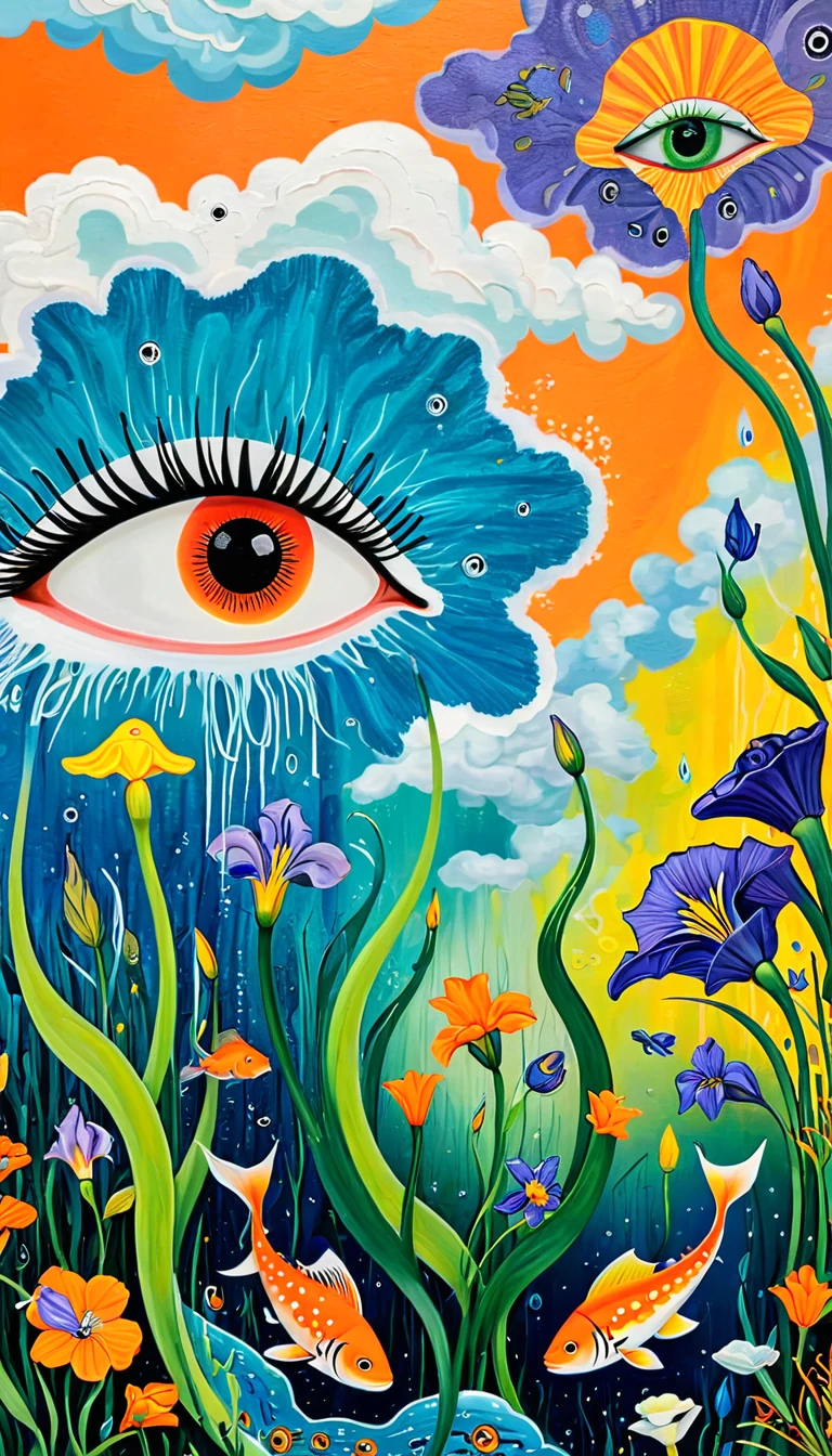 Children's graffiti,Thick coating，Concave and convex texture，Oil pastel strokes：window，A cloud，、iris、fish、Tentacles、bird、Eye、diatom，Abstract mosaic painting，Describing the inner world of autistic people，Sense of space，White Space，interesting，Innocence，Psychedelic Art，Orange overall