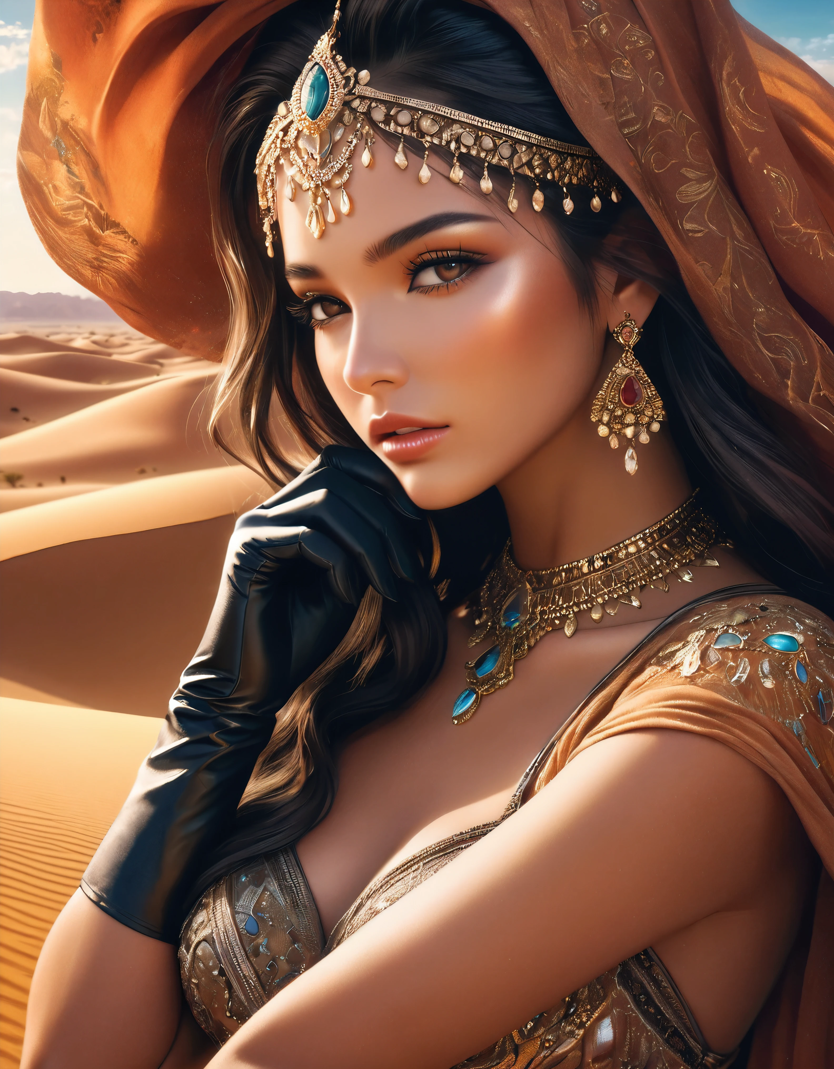 ((Masterpiece in maximum 16K resolution):1.6),((soft_color_photograpy:)1.5), ((Ultra-Detailed):1.4),((Movie-like still images and dynamic angles):1.3) | ((double contact):1.3), ((Exotic Supermodel beauty as a Desert Princess):1.2), ((Superimposed on Blonde Hair Tan Skin Middle Eastern Female):1.1), ((Dark Desert lighting):1.3), Oil and ink on canvas, fine dark art, super dramatic light, photoillustration, amazing depth, the ultra-detailed, iridescent black, superfluous dreams, intricately details, amazing depth, Amazing atmosphere, Mesmerizing whimsical vibrant landscapes, ((Desert Princess):1.2), ((Detailed Desert Sands):1.1), ((Majestic view):1.1), ((exotic hand gloves):1.1), Maximalism ((beautiful outside, Ugly inside, pressure and pain, beauty and despair, hard and soft, positive and negative, hot and cold, Sweet and sour, Vibrant but boring, Perfect harmony, light and shadows, old and young, Black and white, Corresponding color, loud and quiet, Chaos and peace, life and death):1.2) The complex masterpiece of a real-time engineering leader. | Rendered in ultra-high definition with UHD and retina quality, this masterpiece ensures anatomical correctness and textured skin with super detail. With a focus on high quality and accuracy, this award-winning portrayal captures every nuance in stunning 16k resolution, immersing viewers in its lifelike depiction. | ((perfect_composition, perfect_design, perfect_layout, perfect_detail, ultra_detailed)), ((enhance_all, fix_everything)), More Detail, Enhance.