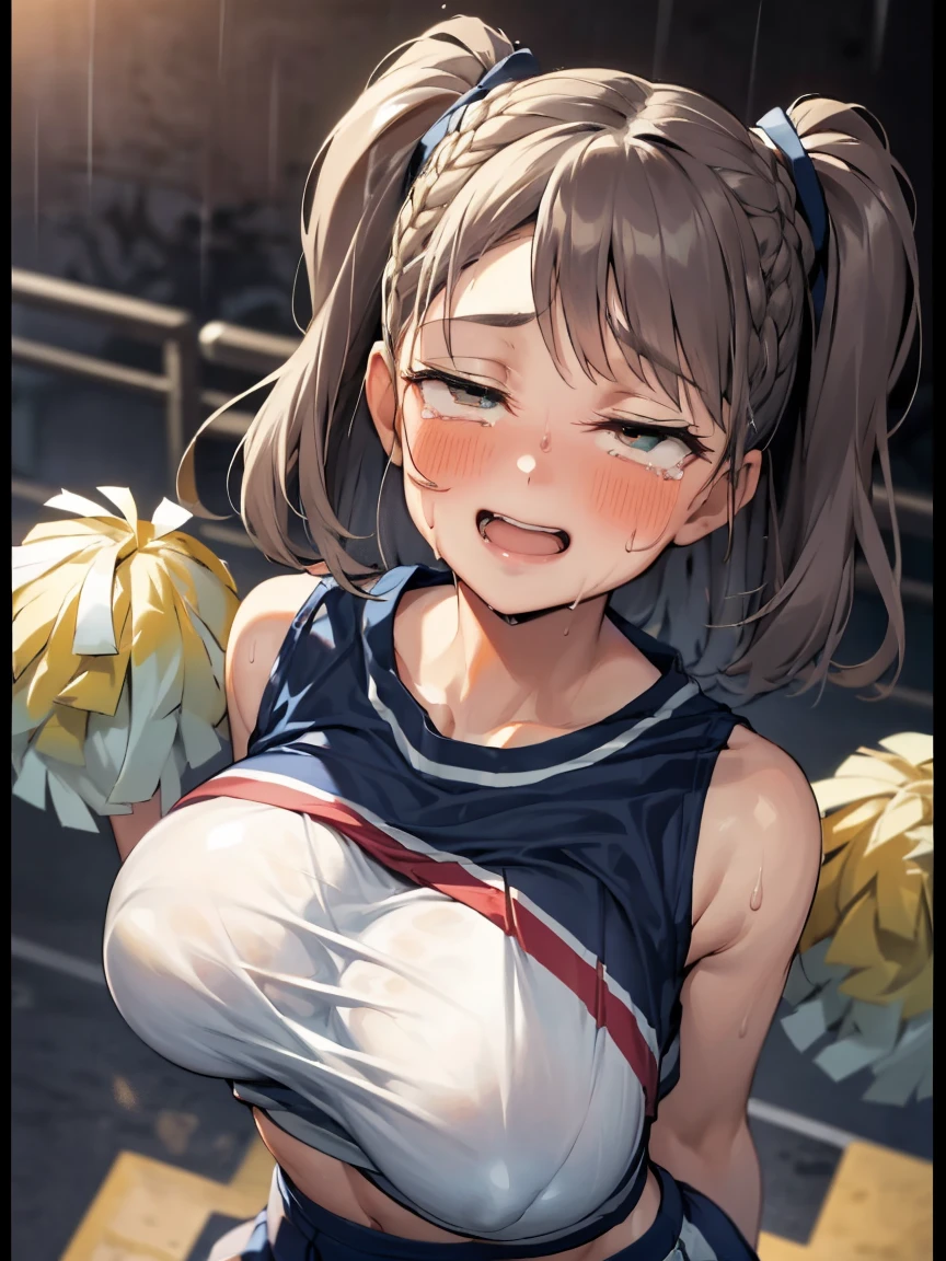 (Very tiny girl rides guy perfectly:1.5)、(Petite girl riding:1.3)、(Big Breasts:2)、(eyes half closed:1.9)、(Grin:1.1)、(tears:1.2)、(The body shakes violently)、8K resolution、 ((Highest quality))、Anatomically correct、(Cheerleader:1.9)、((Hasselblad Photos))、[:(Detailed face:1.2):0.2]、(heavy rain:1.5)、(Sweaty:1.6)、(Top view:1.9)、(braid one's hair:1.5)、(Loss of strength from the body:1.3)、(呻吟)、(Jump:1.6)、(Surrounded by a lot of middle-aged men:1.6)、((Upper Body:1.9))、(Leaning forward:1.6)、(rape:1.3)、(shame:1.3)