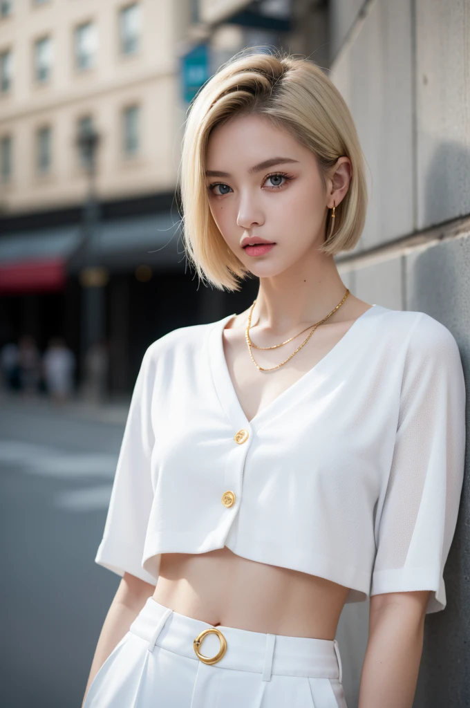 (masterpiece, best quality, beautiful and aesthetic:1.3), 1 Girl, Solitary, White waist short suit,Gold suit buttons,White shirt,White trousers,A faint smile, portrait, Looking at the audience, Android 18, (White short hair:1.3), blue eyes, eyelash, Hoop Earrings, necklace, On the Street