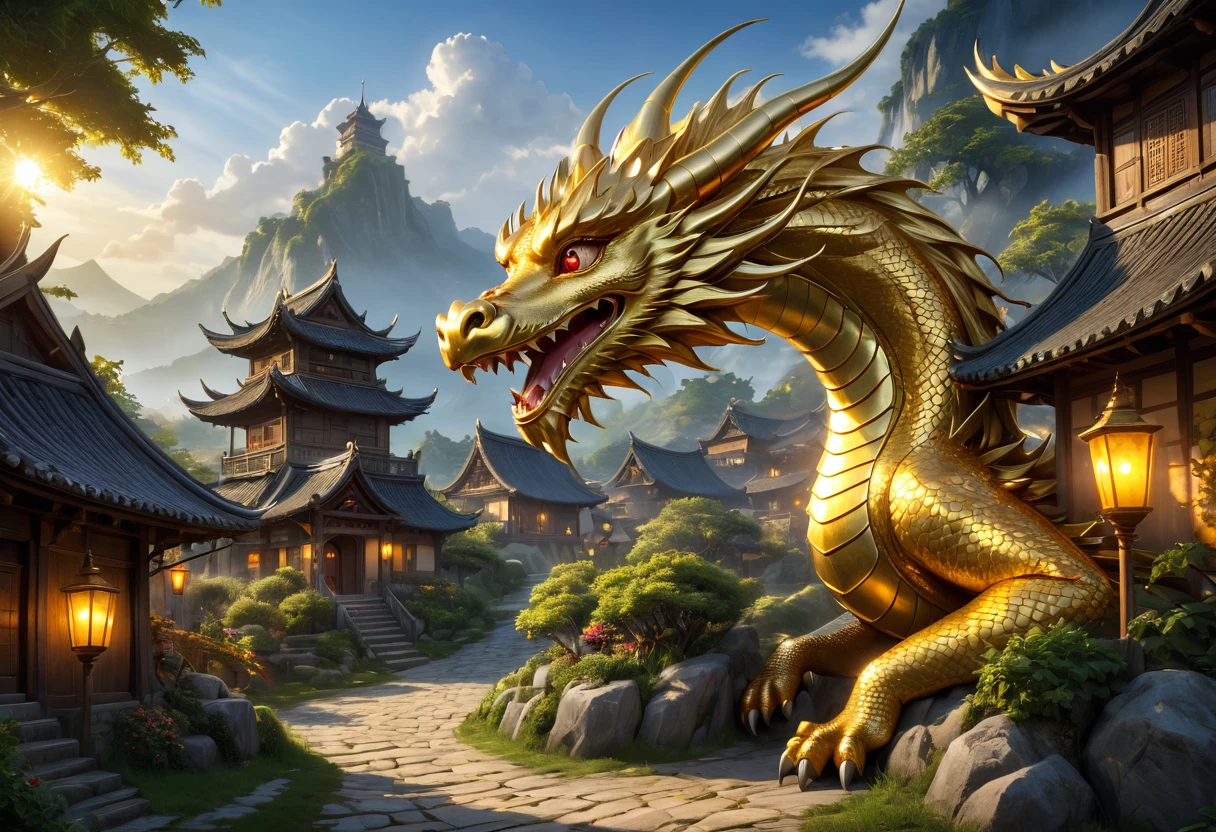 hidden village, mystical artistic, gold dragon, gold lighting, HDR, 4k resolution, (painting realistic : 1.3), (ultra high resolution: 1.0 ), (((best quality, 8 thousand, masterpiece:1.4))