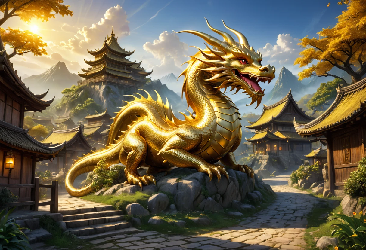 hidden village, mystical artistic, gold dragon, gold lighting, HDR, 4k resolution, (painting realistic : 1.3), (ultra high resolution: 1.0 ), (((best quality, 8 thousand, masterpiece:1.4))