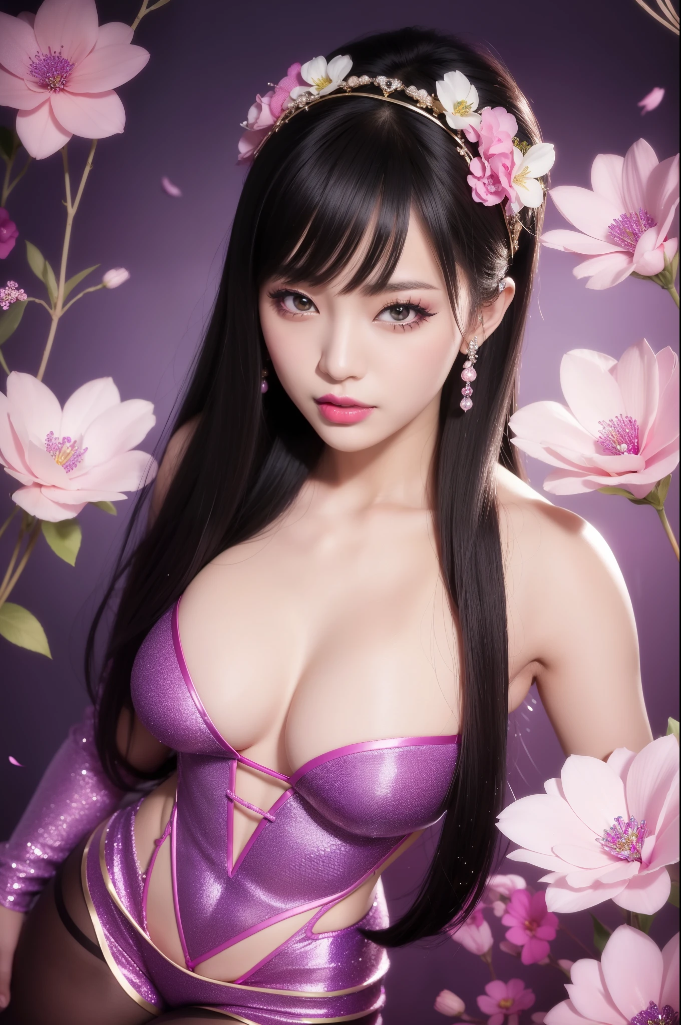 sexy Japanese model who controls poison、beautiful smile、lipgloss、bold lipstick、intense makeup、look at the camera、full body Esbian、、sparkling poisoned flower costume、、、、sparkling Colorful hair、secrete poison、skull hair accessories、sexy tights、shiny sparkling flowers background