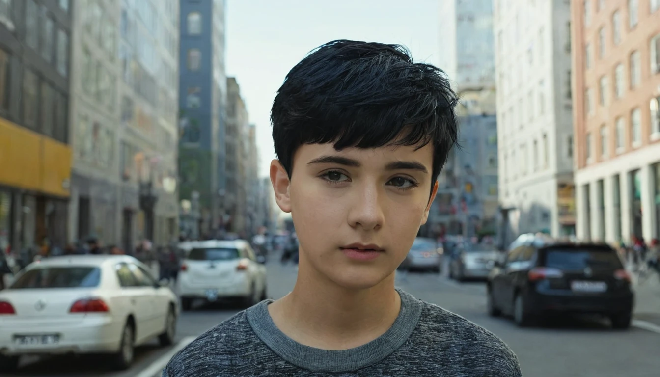 the boy with short black hair in the city