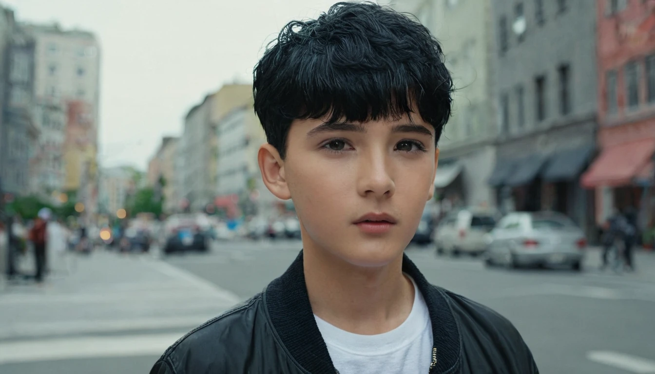 the boy with short black hair in the city