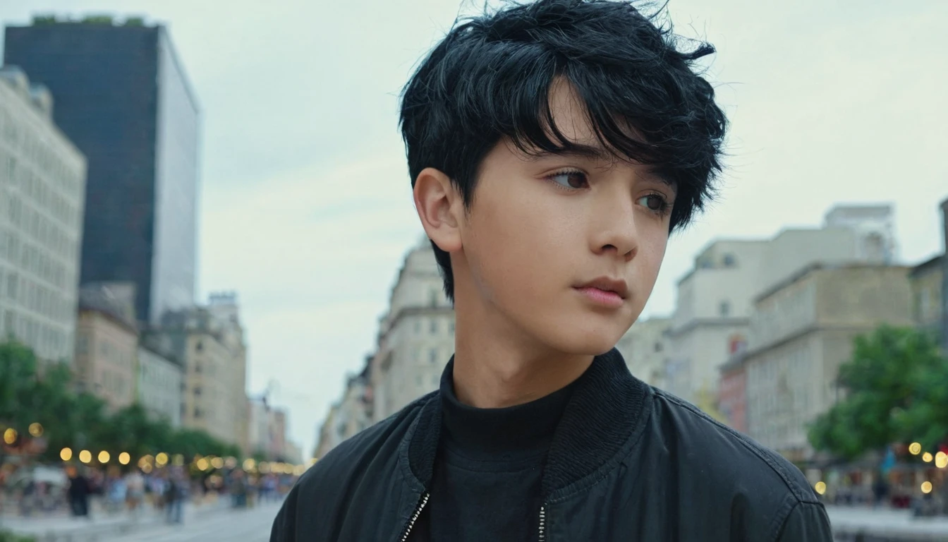 the boy with short black hair in the city