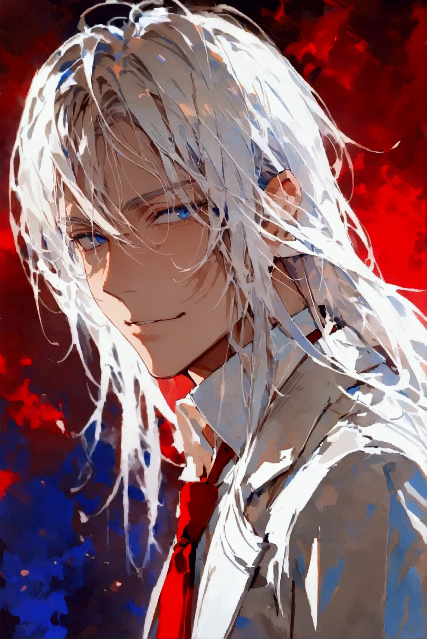 ((masterpiece)), ((best quality)), (from front, facing front:1.32), (close-up:1.2), (half-body shot:1.36), perfect anatomy, 1man, solo,  extremely long straight white hair, blue eyes, white suit, red tie, weak smile, lighting from front