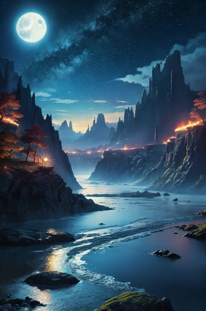 Painting of a river with stars and moon floating in the sky, Concept art inspired by Mitsuoki Tosa, pixiv Contest Winner, Highest quality, Fantasy art, Beautiful anime scene, Bright Moon, 月明かりとStarry Skyの環境, Dream painting, Anime Background Art, Fantasy Landscape Painting, Fantasy Night, Anime Background, Background artwork, Great art, Atmospheric anime, Starry Sky, Detail enhancements.