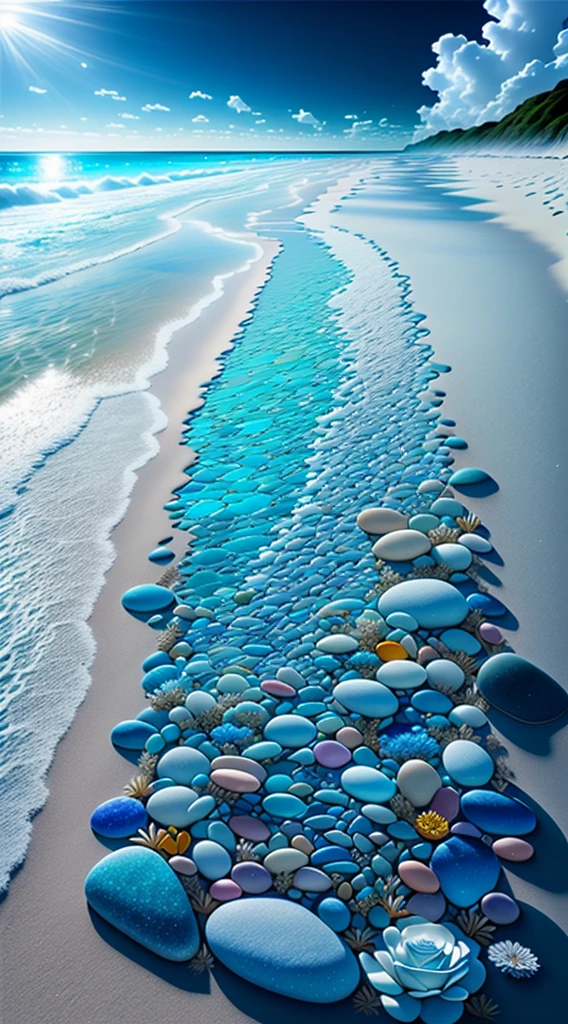 Exquisite scenes，depth of fields，8K，Blue sky，White clouds，The sun shines on the beach，There are many small colorful stones on the beach，Rose flower，