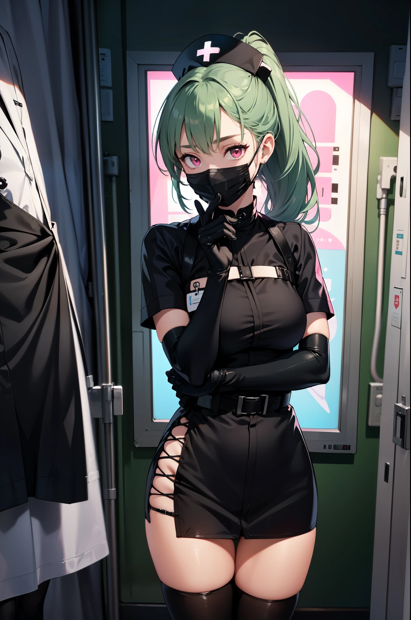 black nurse, 1girl, solo, black nurse cap, black nurse uniform, ((black legwear, zettai ryouiki)), black elbow gloves, ponytail, green hair, pink eyes, ((black surgical mask, covered nose)), standing, ((surgery room)), sharp outline, short sleeves, best quality, masterpiece