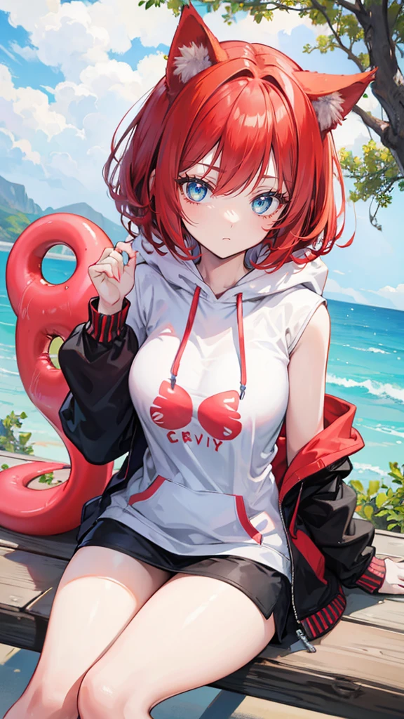 A character with bob hair, red hair and cat ears　Red Tail　B Cup　Blue-green eyes　A light brown hoodie with a donut pattern　Thighs　Tree Eyes