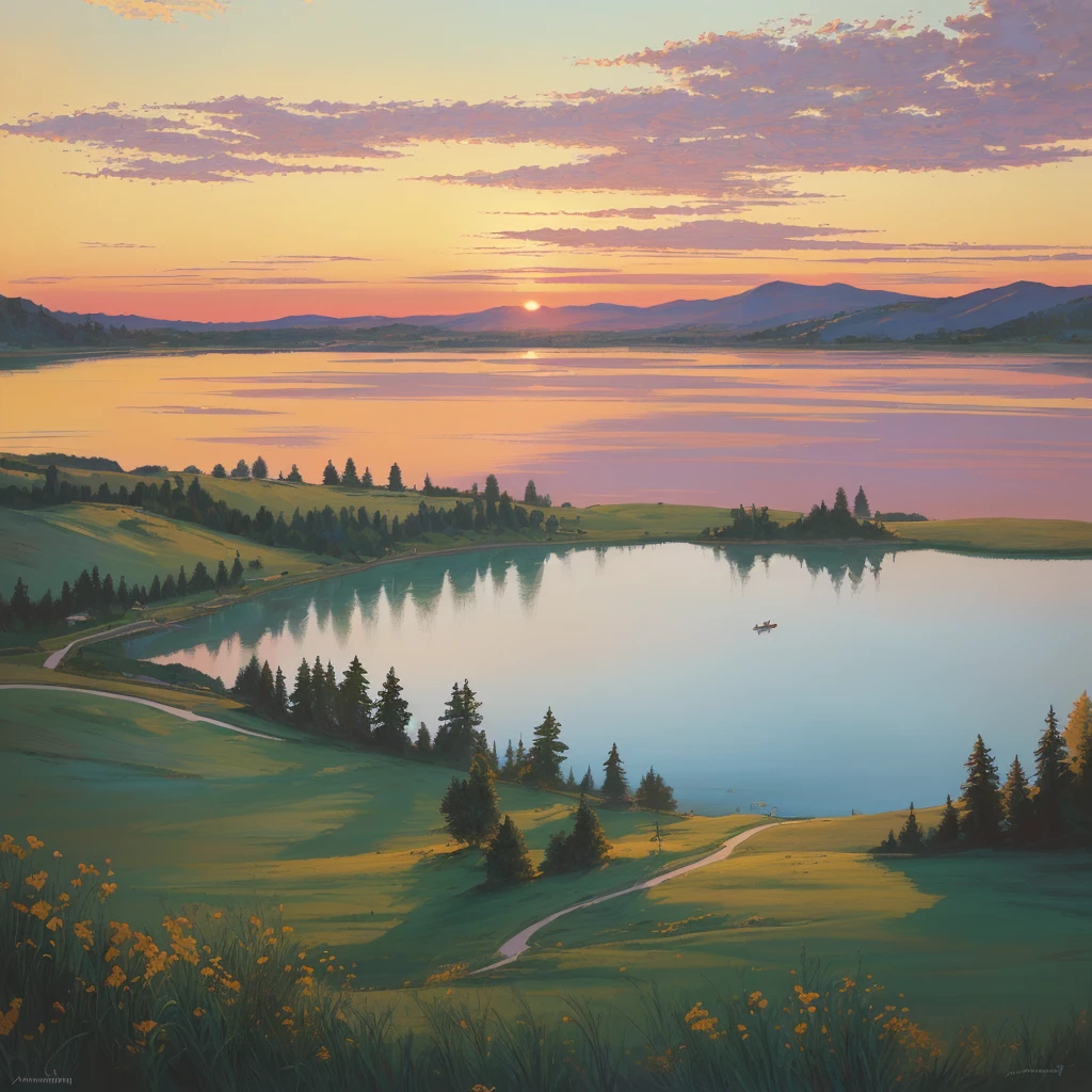 painting of a lake with lírios and a sunset in the background, por Pamela Ascherson, por Michael Sutfin, por Nancy Carline, nenúfares, por David G. Sorensen, por Richard Sedlon, em pinturas detalhadas em guache, Laurent Durieux, lírios, alvorecer, por Jason Benjamin, por Susan Heidi, por David Palumbo