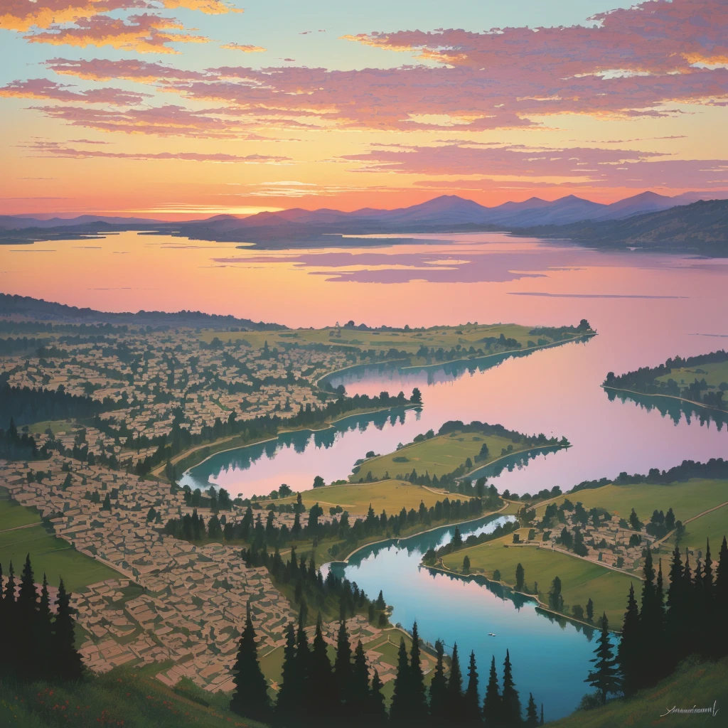 painting of a lake with lírios and a sunset in the background, por Pamela Ascherson, por Michael Sutfin, por Nancy Carline, nenúfares, por David G. Sorensen, por Richard Sedlon, em pinturas detalhadas em guache, Laurent Durieux, lírios, alvorecer, por Jason Benjamin, por Susan Heidi, por David Palumbo
