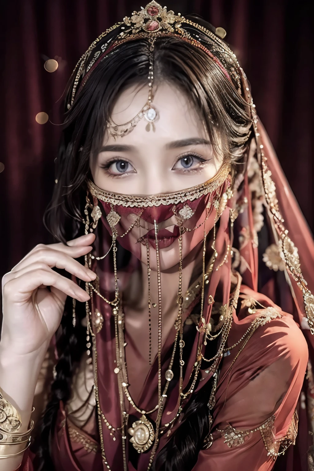 1 Beautiful Woman，（（（Eyes are very fragile）））Conservative clothing（（（Hair accessories）））（（（veil（24））））（（（veil））），necklace，Wearing a red transparent sexy silk dress， ((Radiant skin))（（（masterpiece）））， （（best quality））， （（Intricate details））， （（Surreal））（8K）