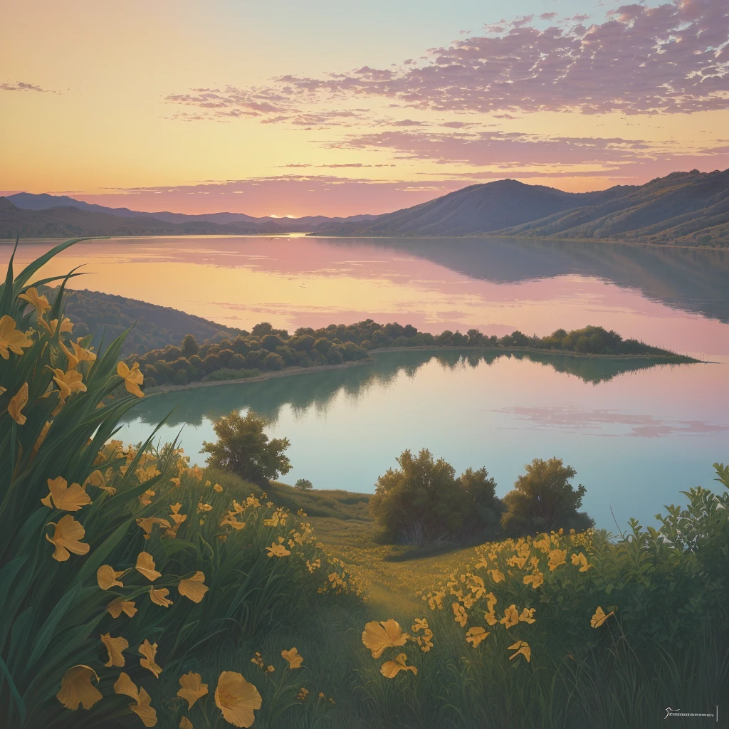 painting of a lake with lírios and a sunset in the background, por Pamela Ascherson, por Michael Sutfin, por Nancy Carline, nenúfares, por David G. Sorensen, por Richard Sedlon, em pinturas detalhadas em guache, Laurent Durieux, lírios, alvorecer, por Jason Benjamin, por Susan Heidi, por David Palumbo