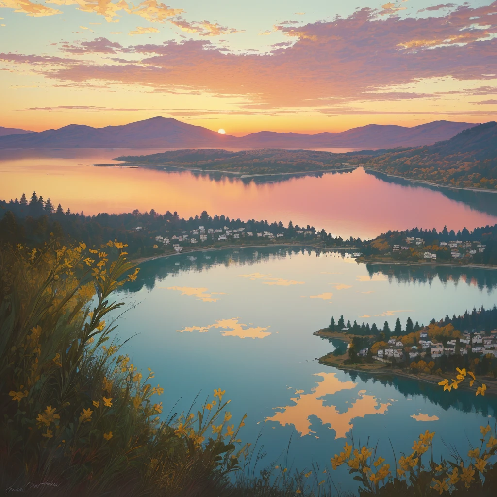 painting of a lake with lírios and a sunset in the background, por Pamela Ascherson, por Michael Sutfin, por Nancy Carline, nenúfares, por David G. Sorensen, por Richard Sedlon, em pinturas detalhadas em guache, Laurent Durieux, lírios, alvorecer, por Jason Benjamin, por Susan Heidi, por David Palumbo