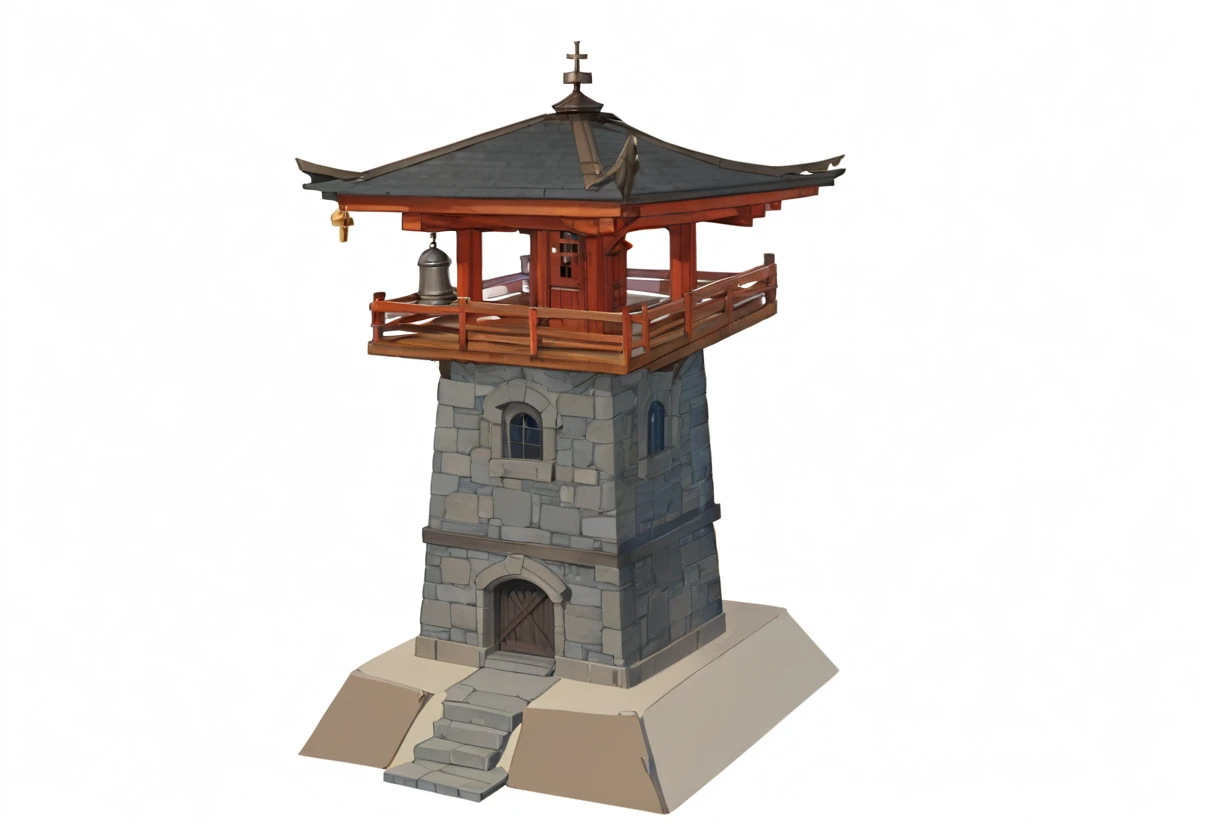 Medieval architecture，Fire Tower，Stone base，Wooden fence，Wooden floor，bell