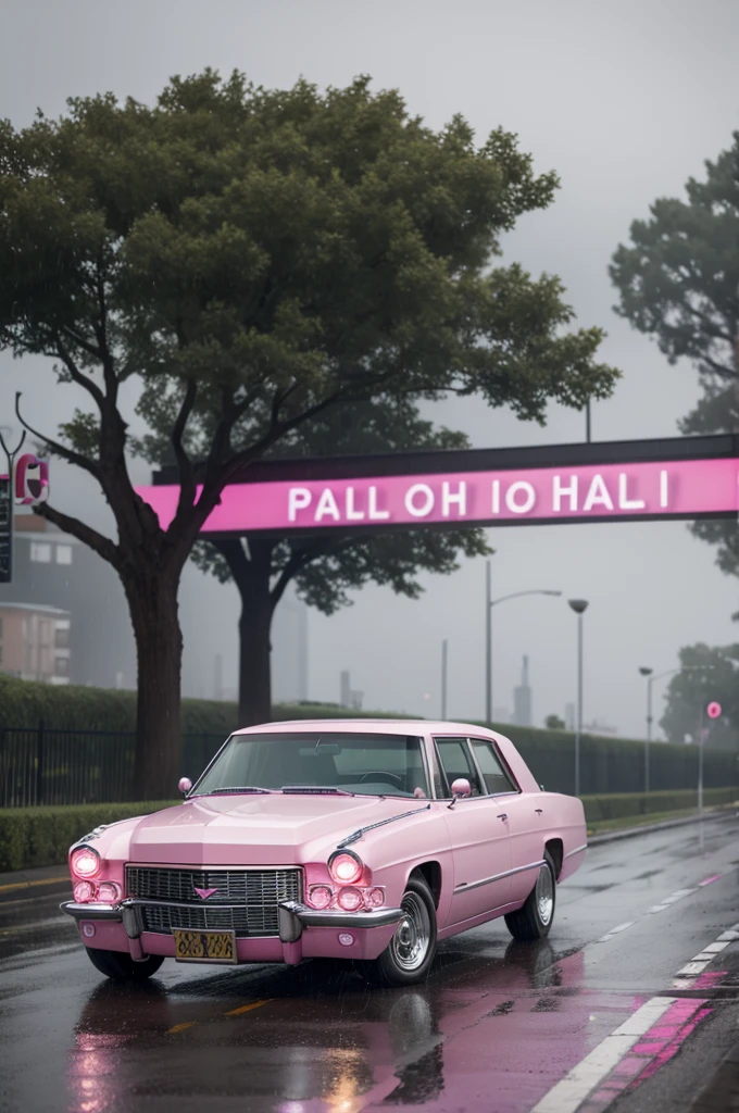 A pink Cadillac in the rain