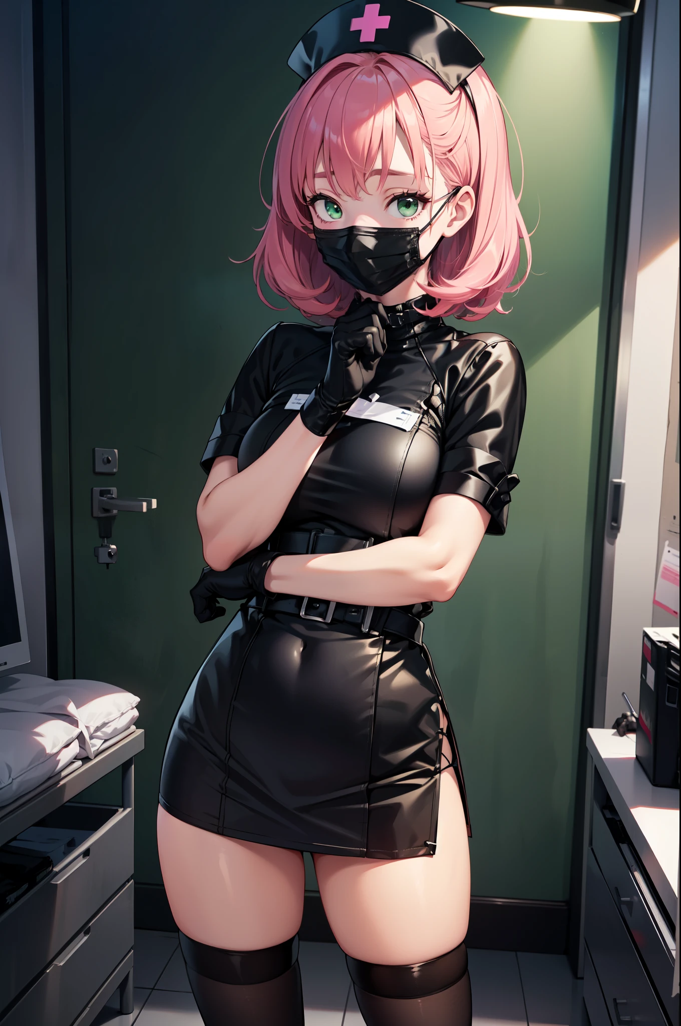 black nurse, 1girl, solo, black nurse cap, black nurse uniform, ((black legwear, zettai ryouiki)), black elbow gloves, pink hair, green eyes, drooping eyes, ((black surgical mask, covered nose)), standing, ((surgery room)), sharp outline, short sleeves, best quality, masterpiece