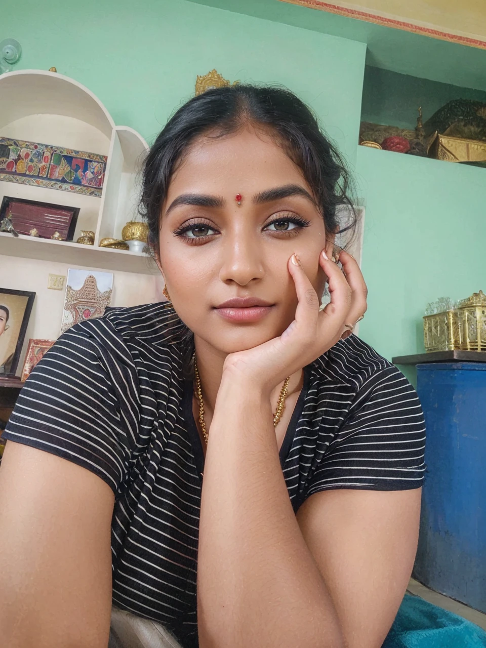 (Highly Detailed, Portrait, Intricate, Attractive Body, Beautiful Eyes, Beautiful Lips, Extremely Detailed Face, Long Eyelashes), ((Full Body Portrait)), Cinematic, Portrait, Dynamic Lighting, Most Beautiful Portraits, Indian Celebrity, (Wearing Traditional Indian Red Sari), Traditional Indian Clothing, Indian Jewelry, Symmetrical Face, Stunning Art, Intense Look, Detailed, Red Lips, Messy Strands of Hair, Detailed Hair, Intense Look, (Best Quality, 4k, 8k, High-Res, Masterpiece: 1.2), Ultra-Detailed, (Realistic, Photorealistic, Photorealistic: 1.37), Vivid Colors, Sharp Focus, Portrait, Studio Lighting, Holding a Golden Book in a Dark Room, (SFW), (Light Skin Color)