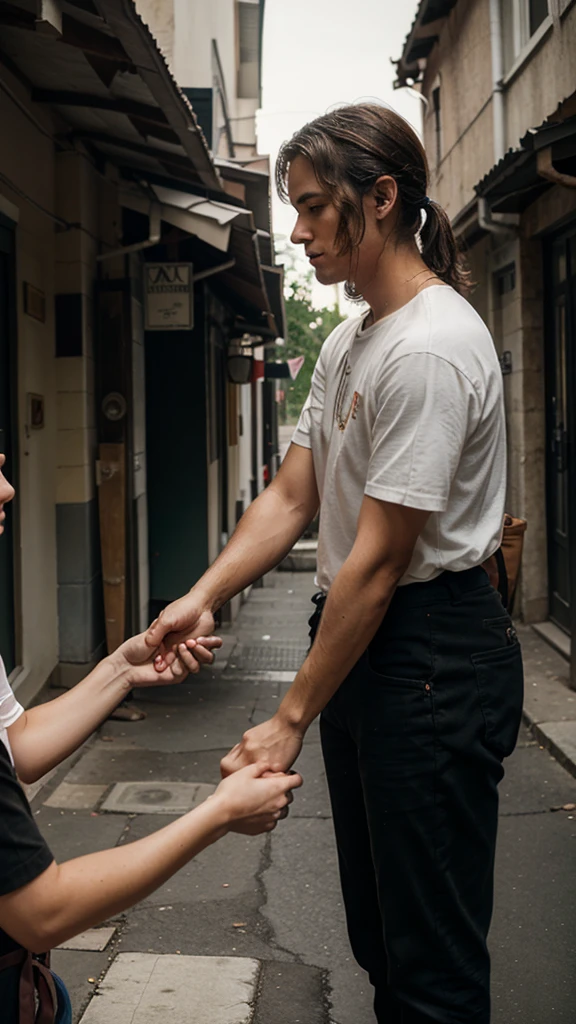 create me a person giving things helping another person, cinematographic
