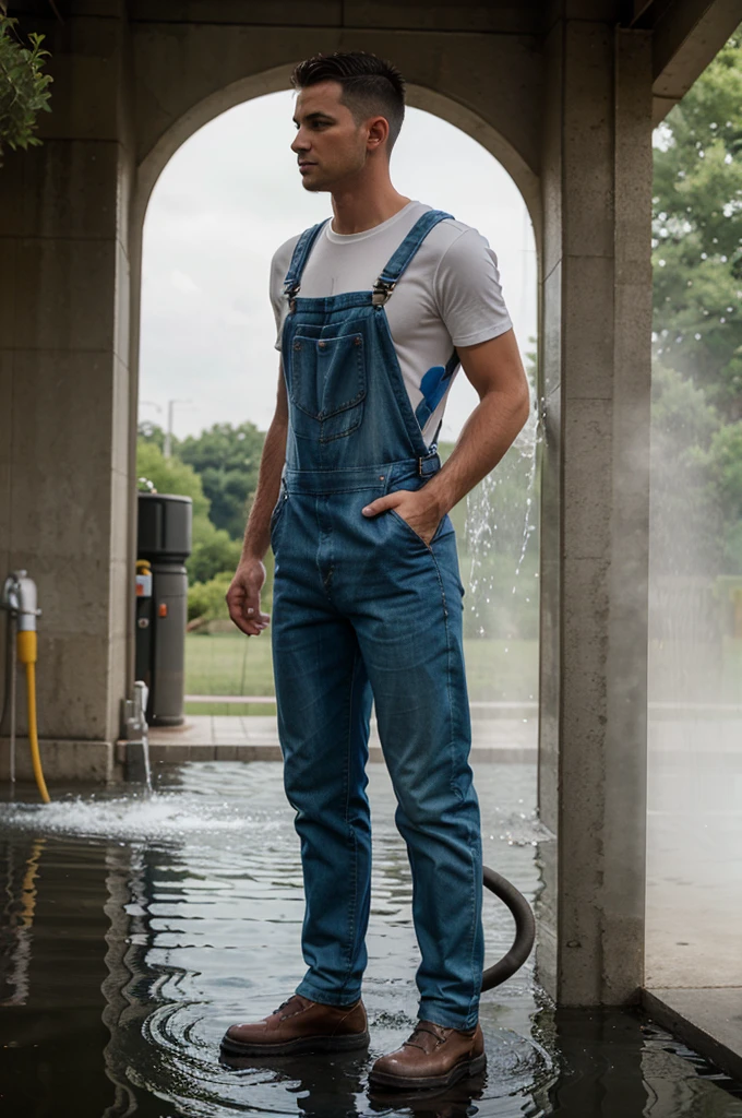 man wearing overalls for work standing , full body , side profile and using water hose