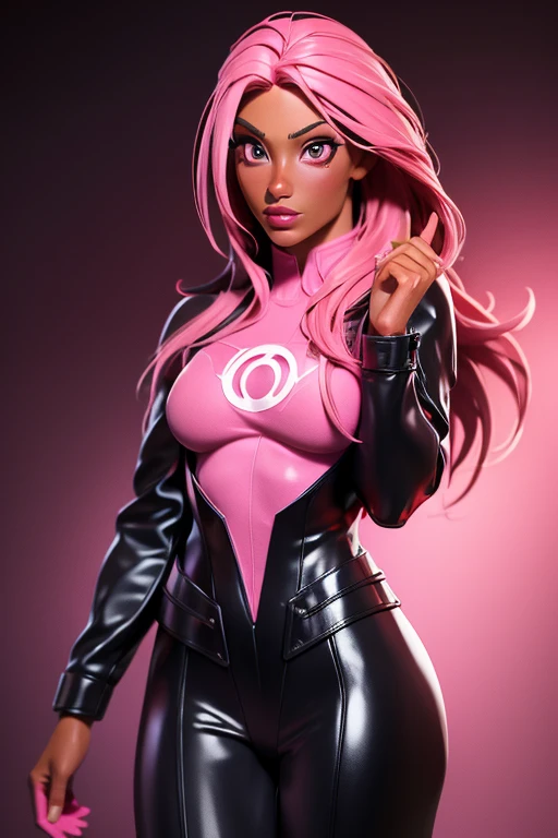 Kizi, pink haired, light pink eyes, dc, call the court, 3d, traje da heroin rosa, heroin, troop two lenses, darken the skin, brown skin, pele do brunette body, brunette body, black body,dc superhero outfit, pink outfit