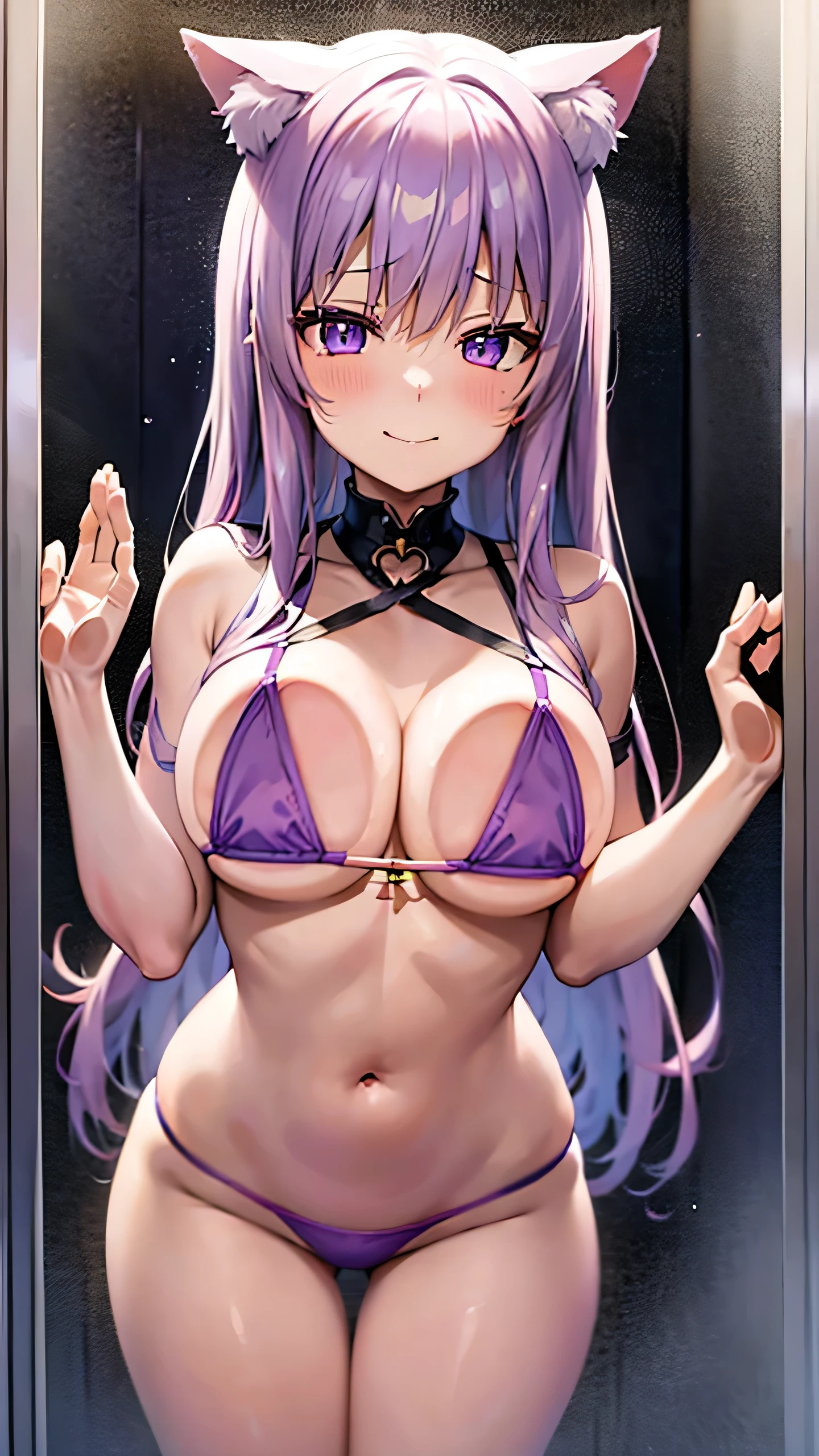 Anime Girls、shower room、Slightly larger breasts、Embarrassed smile、Cowboy Shot、bikini、Cat ear、Long Hair、Light purple hair、Purple Eyes、Pressing your chest against the glass、True Face、Viewed from the front、cute、Focus on the chest、symmetry、Pointed Ears、