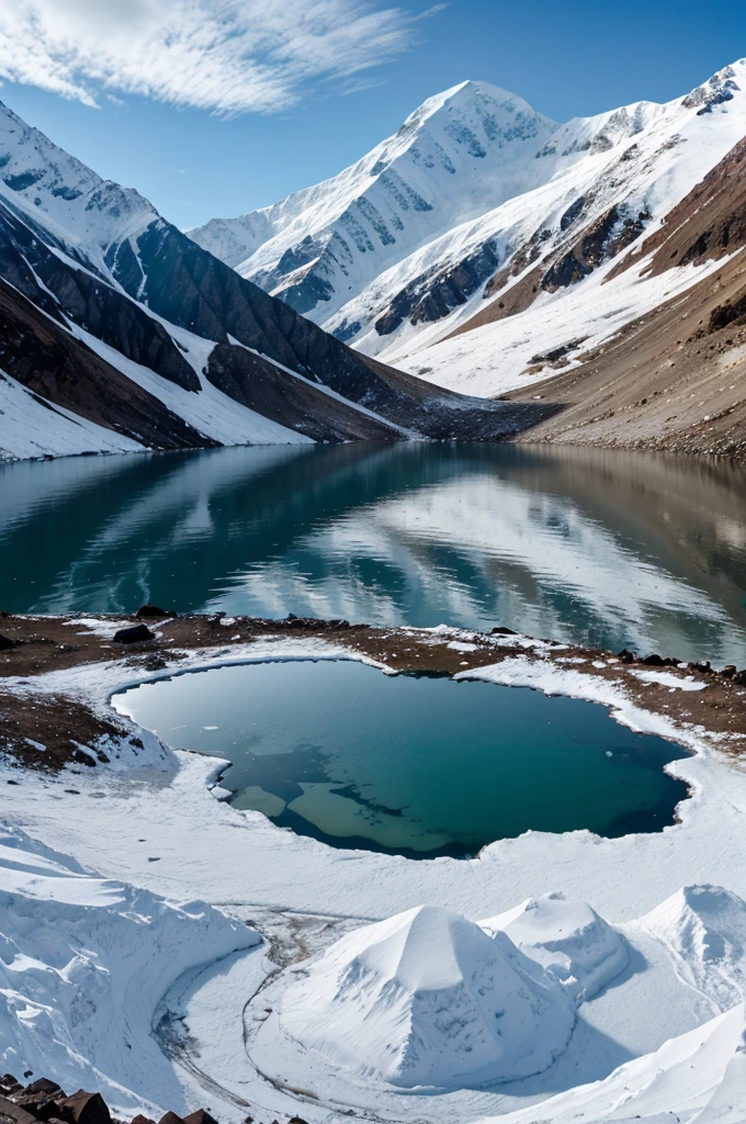 View of a high mountain lake, known as Roopkund Lake or Skeleton Lake. The water of the lake is covered with ice and there are snow-capped peaks all around. Old human bones and skeletons on the banks of the lake 