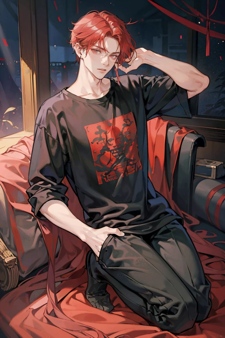 (masterpiece), best quality, seductive eyes, perfect face, handsome man, red eyes, long red hair, long nose, plain black t-shirt, black fitted pants, full body, extremely tall man, long legs, long calves, anime cover, 1boy, ear piercings, hands in pockets, adult-like look
