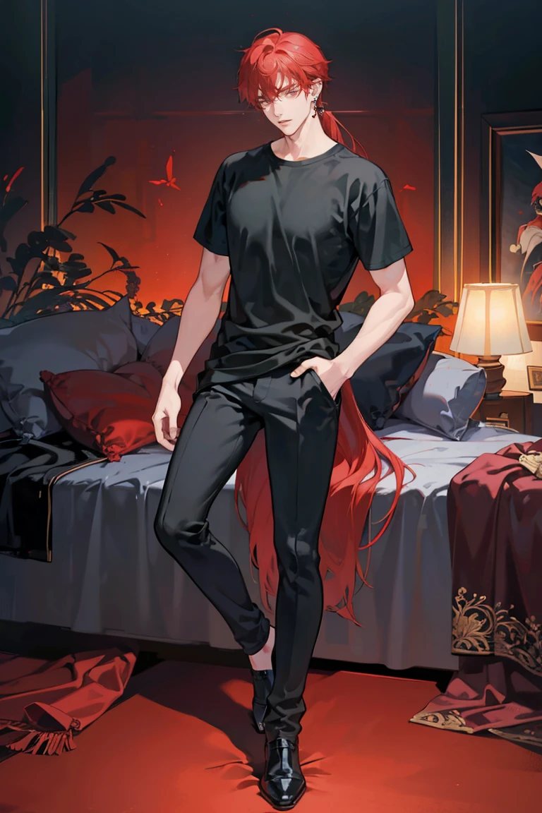 (masterpiece), best quality, seductive eyes, perfect face, handsome man, red eyes, long red hair, long nose, plain black t-shirt, black fitted pants, full body, extremely tall man, long legs, long calves, anime cover, 1boy, ear piercings, hands in pockets, adult-like look