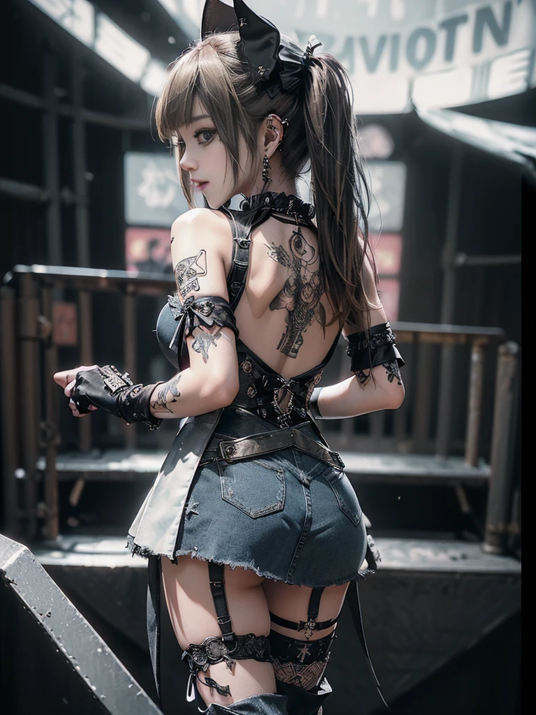 (Back view:1.4)、(Accentuate your butt:1.4)、(Smiling with teeth showing:1.3),(Shibuya Gal:1.5)、(Prostitute:1.3)、(Gothic ta style fashion:1.5)、(Punk RockVisual Kei:1.4)、(Denim and black and white medieval noble mini skirt dress:1.5)、(Denim with black and white medieval gloves and bustier:1.5)、(Denim high heels:1.3)、(Wearing silver accessories:1.5)、(Denim collar:1.4)、(Black Leather Garter Belt:1.4)、(Brown Skin Belt:1.3)、(Black lace underwear:1.5)、20-year-old、NSFW、((Highest quality、In 8K、masterpiece:1.3))、Sharp focus:1.2、(Layered Cut、Huge boobs:1.1),Beautiful woman with perfect figure:1.4、(Dancing vigorously:1.3)、Slender Abs:1.2、Highly detailed face and skin texture、Detailed eyes、double eyelid,(Twin tails:1.3)、(Brown-golden hair:1.3)、Gravure idol、(The background is the Takarazuka Revue stage.:1.3)、(Slim body:1.2),(Make your legs thinner:1.4),(clavicle:1.1)