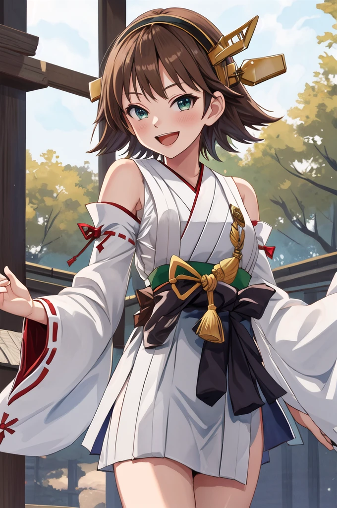 Highest quality, masterpiece, High resolution, 一人in, {Hiei_Fleet Collection:1.15}, brown_hair, short_hair, hairband, headgear, Non-traditional_Shrine maiden, smile, green_eye, Inverted up_hair, Open_mouth, One girl, independent_sleeve, Japanese_Clothes, Looking_in_Audience, ribbon-trimmed_sleeve, ribbon_trim, whole body, Furon, white_p wa Background, one hour_drawing_Challenge