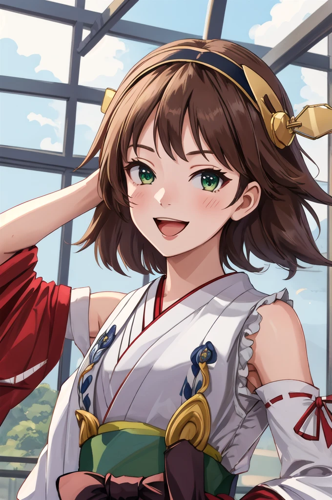 Highest quality, masterpiece, High resolution, 一人in, {Hiei_Fleet Collection:1.15}, brown_hair, short_hair, hairband, headgear, Non-traditional_Shrine maiden, smile, green_eye, Inverted up_hair, Open_mouth, One girl, independent_sleeve, Japanese_Clothes, Looking_in_Audience, ribbon-trimmed_sleeve, ribbon_trim, whole body, Furon, white_p wa Background, one hour_drawing_Challenge